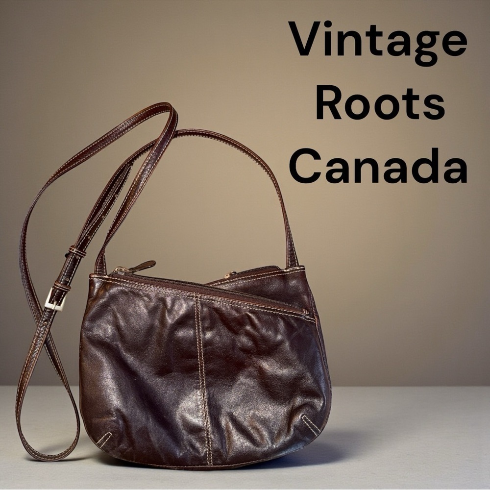 Vintage Roots Canada Rich Brown Leather Bag Zipper Closure Adjustable Crossbody